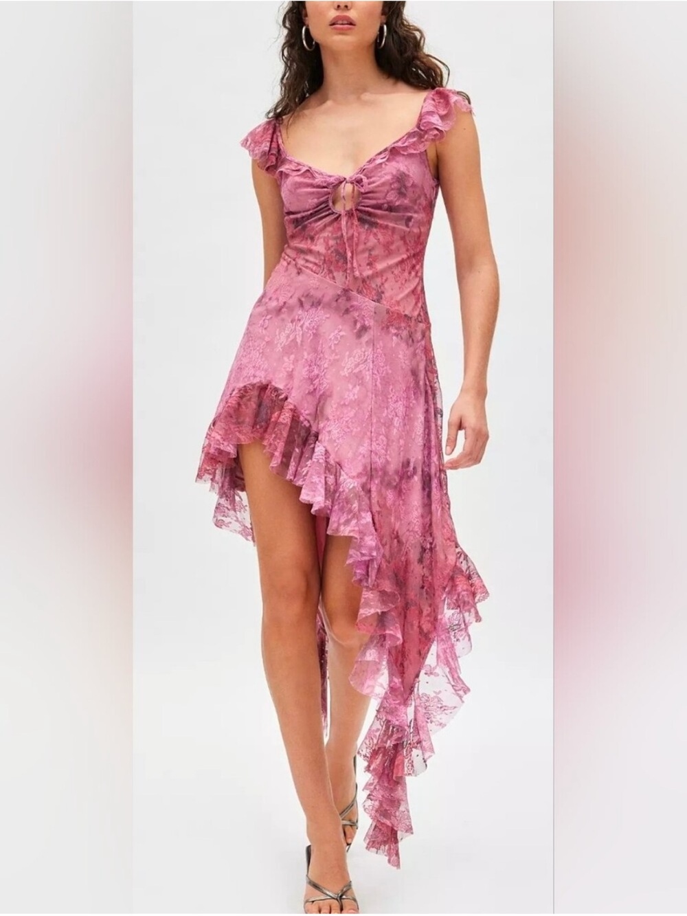 Medium Urban Outfitters Pink Lace Asymmetrical Ruffle Dress